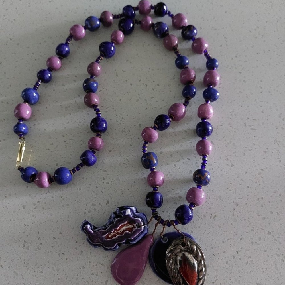 vintage 28" ceramic bead necklace w 4 handmade pendants